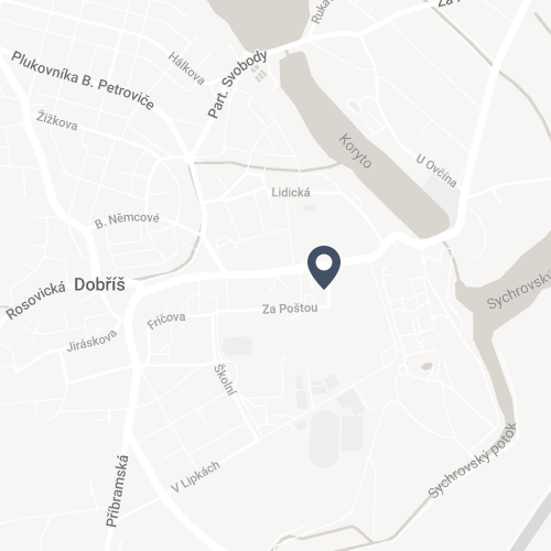 Mapa s vyznačeným umístěním oční optiky v centru Dobříše, poblíž ulic Za Poštou a Lidická.